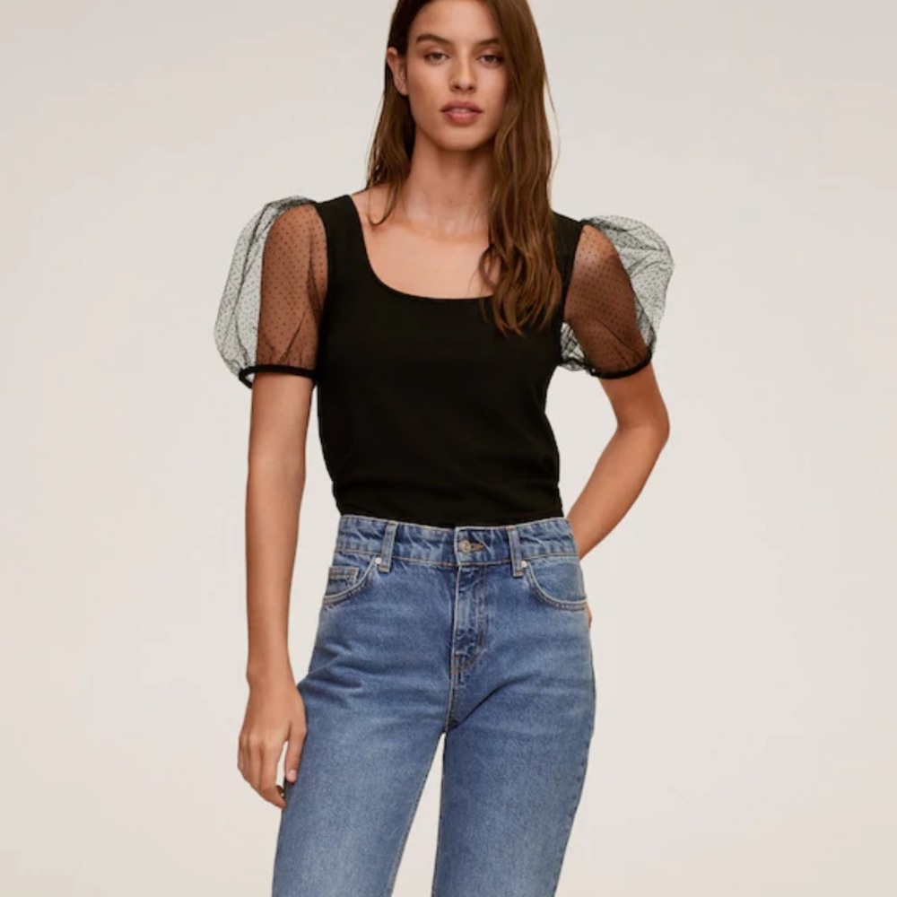 NWT Mango Square Neck Mesh Sheer Puff Sleeve Top - Picture 2 of 9